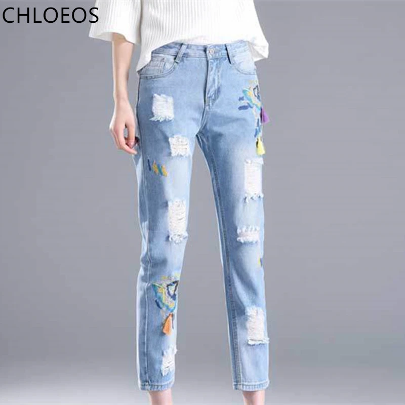 Vaqueros de primavera y verano nuevas flores bordadas de las mujeres agujeros rotos de nueve puntos pantalones, estilo coreano delgado pies pantalones|jeans woman|jeans stylewomen jeans - AliExpress