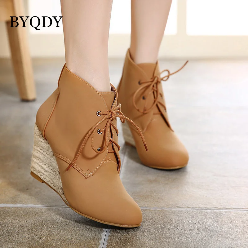 

BYQDY Fashion Flock Ankle Boots Shoes Platform Wedge Pointed Toe Thick Bottom Wedges Short Boots Warm botines mujer Size 35-40