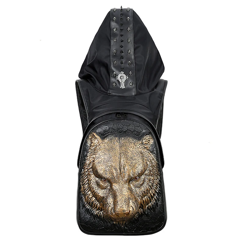 

Fashion Punk Backpack Women Men Hip-Hop Backpack Famale 3D Tiger Rivet Backpacks With Hat School Bags For Teenagers Travel Bag