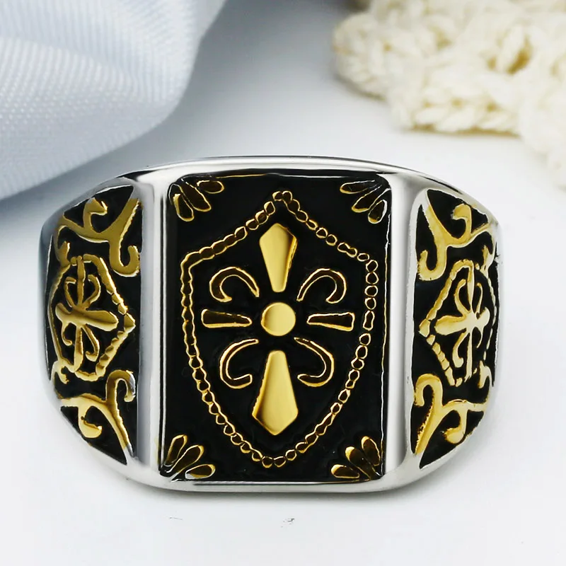 Модное Золотое кольцо Fleur De Lis Shield, мужское серебряное кольцо с крестом, кольцо с печаткой из нержавеющей стали, байкерские ювелирные изделия, Размер 7-14