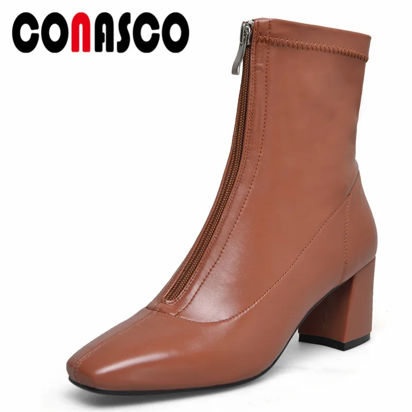 

CONASCO New Women Ankle Boots Square Toe Genuine Leather Party Wedding Chelsea Boots Autumn Winter Warm High Heels Shoes Woman