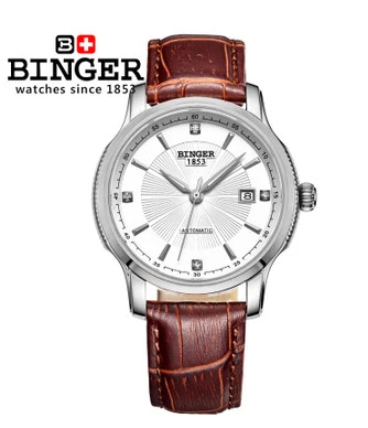 Binger Luxury Military Watch Silver White Bezel Calendar Dial mens automatic watch Mechanical Coffee Leather Band