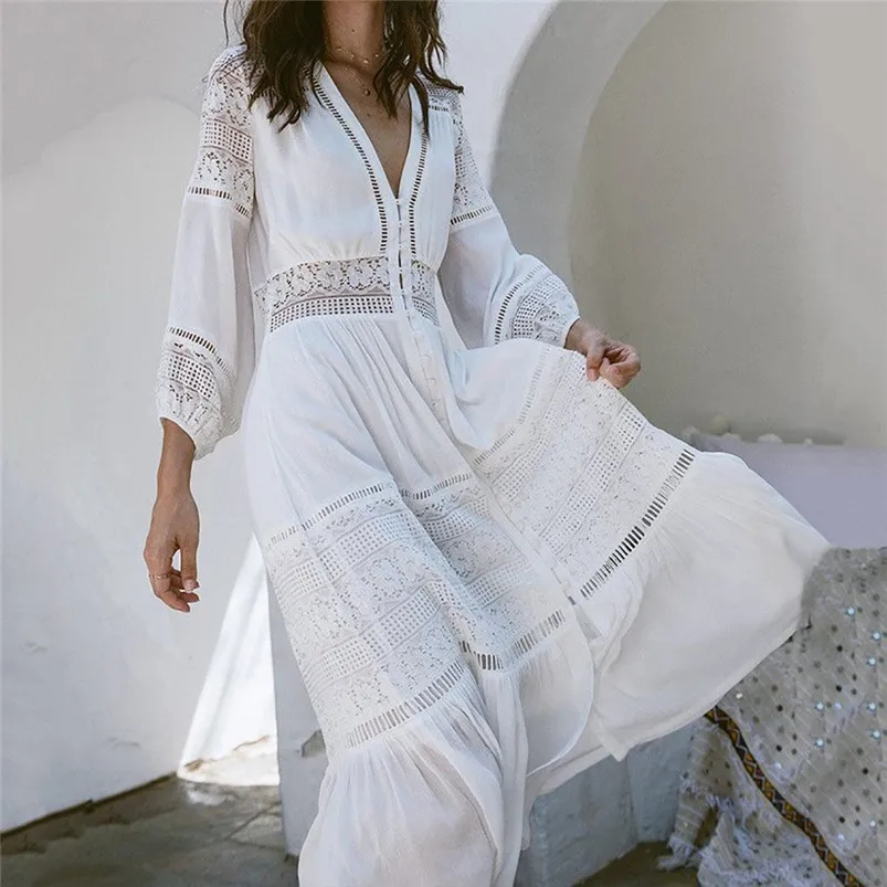 Dress Women Lace Panel Embroidery Sexy V-neck Cropped Sleeve Openwork Dress Slim Soft Touch Dresses Summer 2019 New Arrival F25 (4)