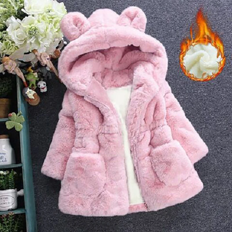 

New Winter Baby Girls Clothes Faux Fur Fleece Coat Pageant Warm Jacket Xmas Snowsuit 1-8Y Baby Hooded Jacket Outerwear