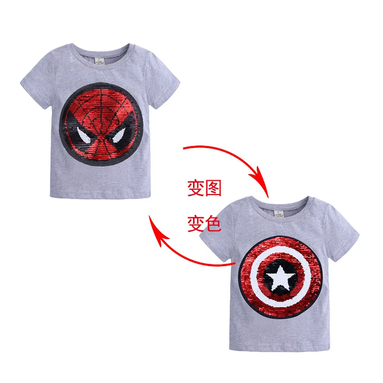 

Disney children's summer T-shirt new 2019 sequins turned face color cartoon cotton T-shirt Spider-man boys girls fashion T-shirt