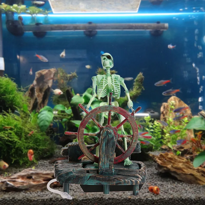 Resin Pirate Skull Captain Aquarium Decorations Landscape Skeleton Wheel Action  Fish Tank Statue Ornament Aquarium Decoration7