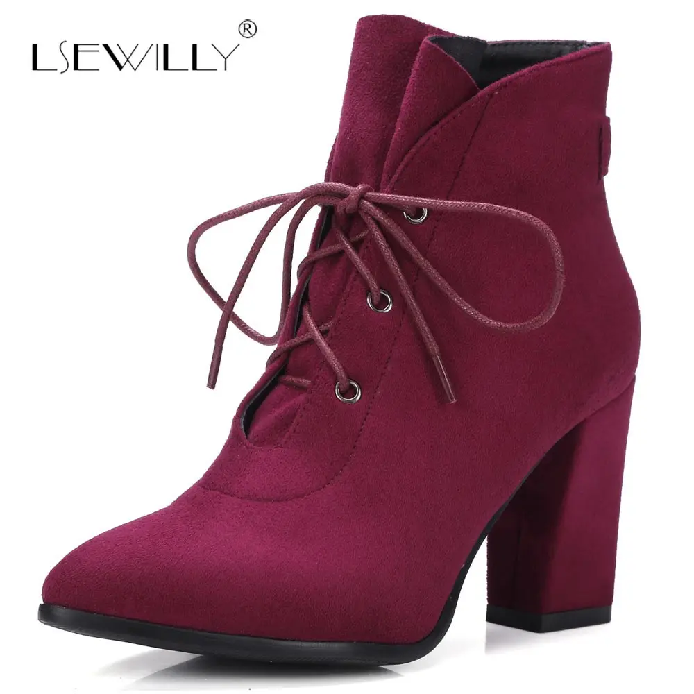 

Lsewilly Fashion Autumn Women Ankle Boots High Thick Heel Pointed Toe Ladies Shoes Lace Up Design Female Women boots S552