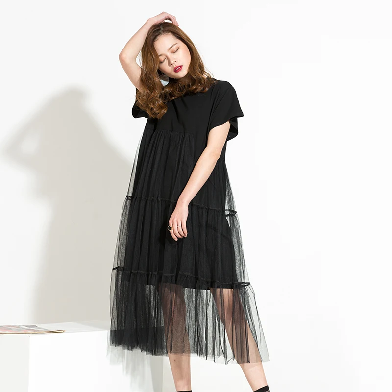 [EAM] autumn Trend New Large Size Long Big Size Net Yarn Spliced Black O-neck Short Sleeve Sexy mesh Dress Woman 5XL 3361 - Цвет: black