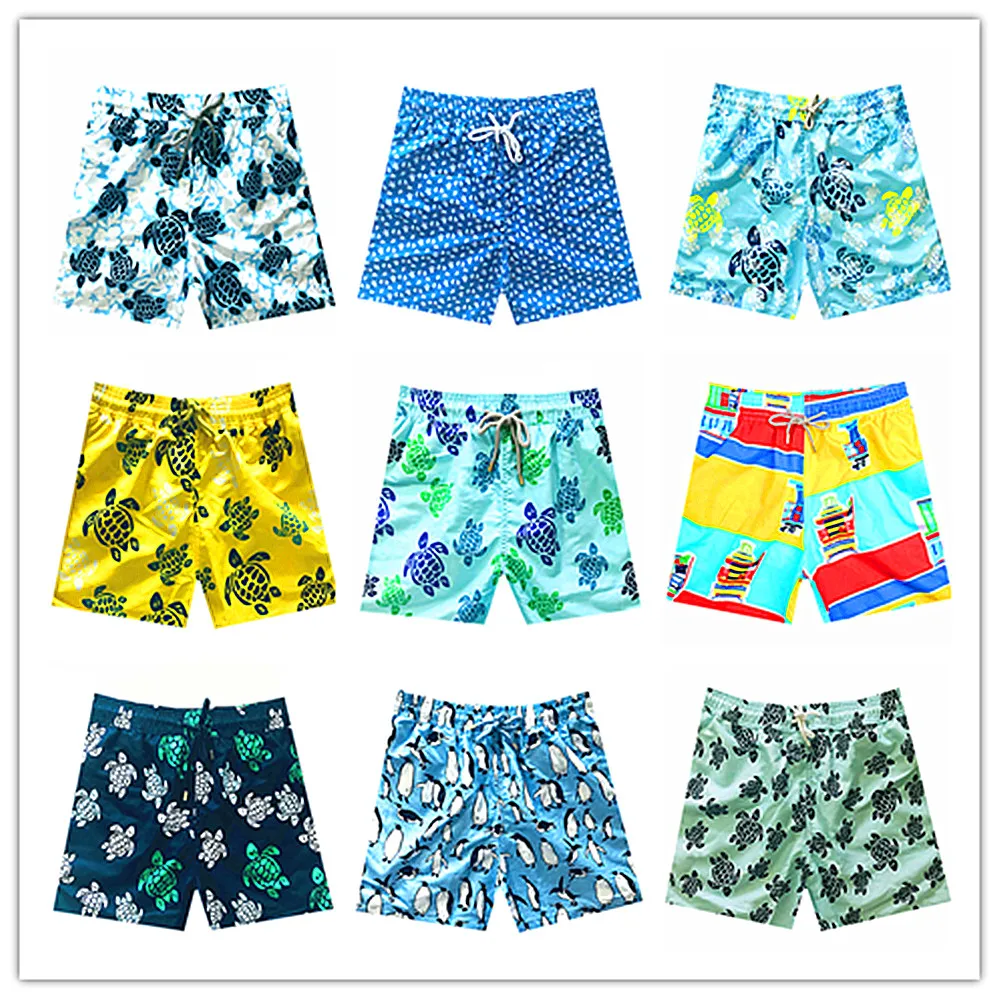 2018 Brand Brequin Beach Board Shorts Men Swimwear Penguin Turtles Mens Bathing Short Homme 100% Quick Dry Elastic Band M-XXXL