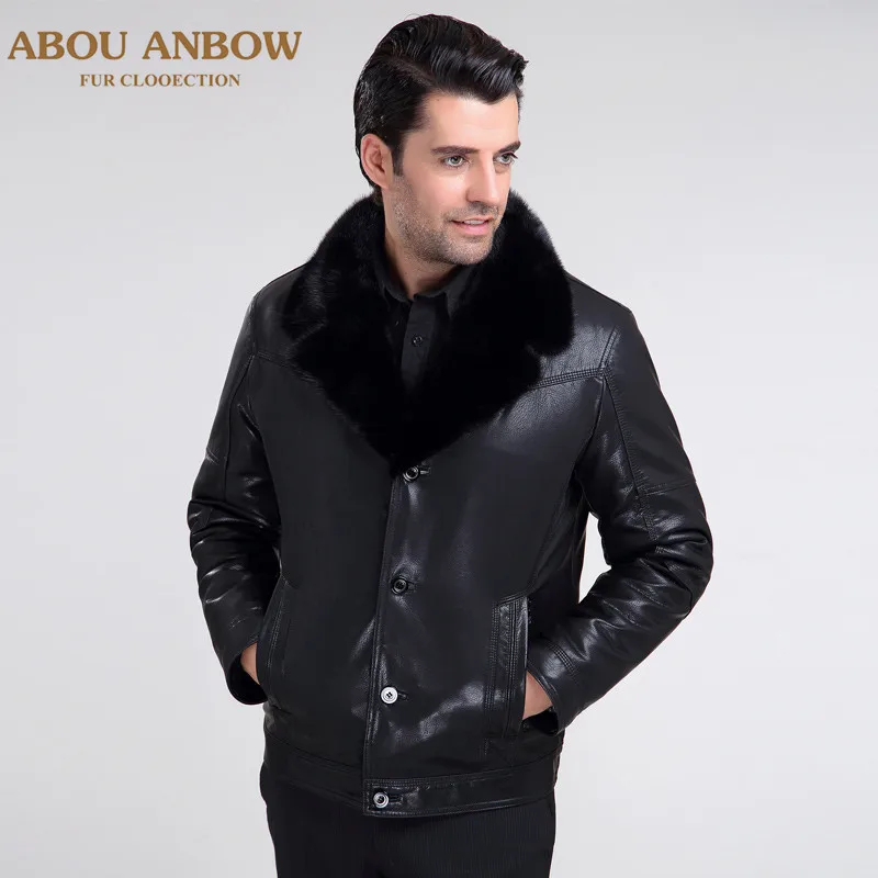 

Abou Fashion Mink Fur Collar Leather Coat With Natural Wool Lining Thick Leather Jacket Men New Winter Male Overcoat Plus Size