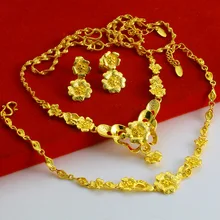 24K роскошный 3 шт Великолепный Изысканный ручной работы в Гонконге Золотой магазин свадебный ювелирный набор