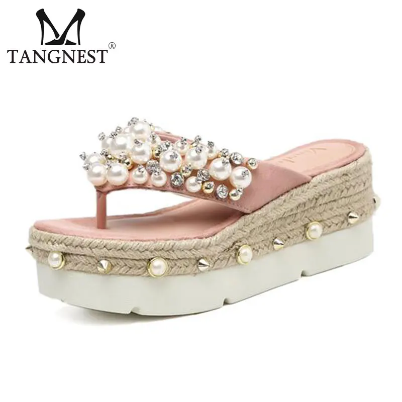 

Tangnest Luxury Pearls Women Platforms Flip Flops Crystal Height Increased Sandals Women Faux Suede Leather Slide Shoes XWT1118
