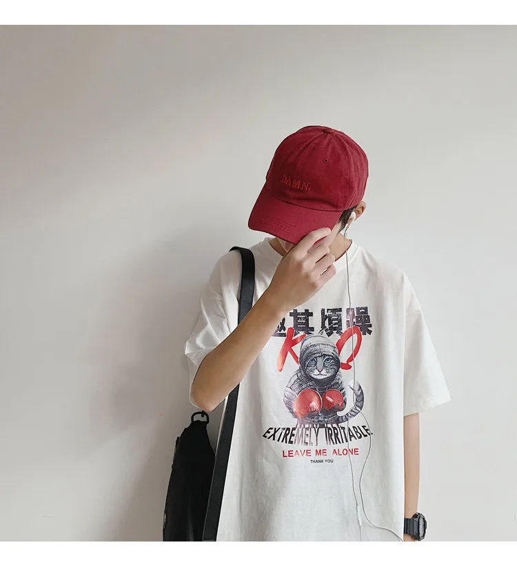 

Mr.nut hip hop boxing cat print round neck loose short-sleeved T-shirt men summer new fashion trend port wind tshirt