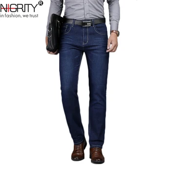 

NIGRITY 2019 New Men Jeans Regular Straight Feet Jeans Loose Waist Business gentleman Long Casual Trousers big size 28-40