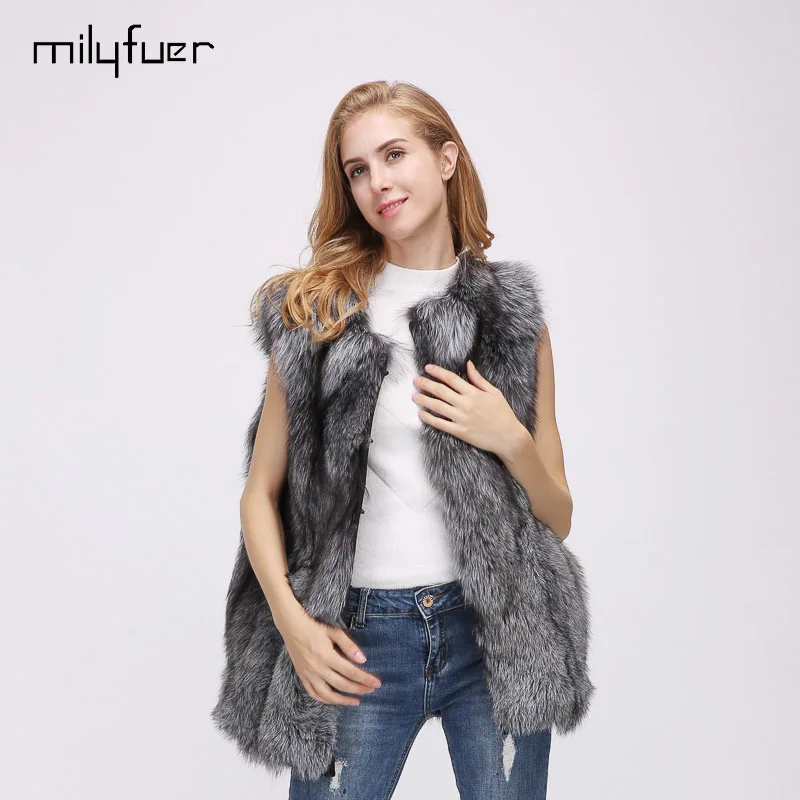 Milyfuer Настоящее Silver Fox Мех животных жилет Для женщин сплошной толстый o-образным