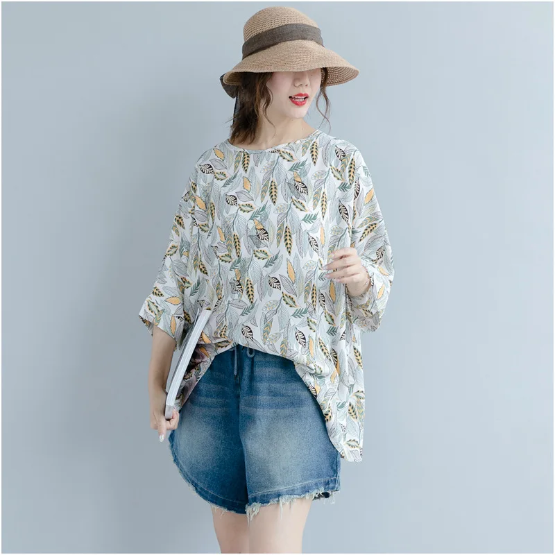 

Johnature 2019 Summer New T-Shirts Women Casual O-Neck Seven Sleeve Print Floral Plus Size Women Clothing Fashion T-Shirts