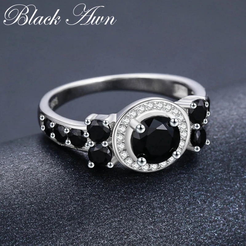 Cute 3.4g 925 Sterling Silver Fine Jewelry Round Bague Black Spinel Wedding Rings for Women Girl Party Gift C470 Fine Jewelry