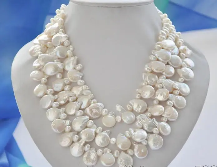 

3828 3Strds WHITE RICE COIN FRESHWATER PEARL NECKLACE