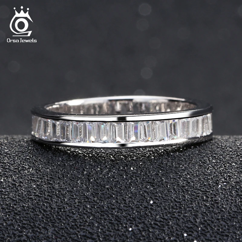 ORSA JEWELS Wedding Bands Silver Color Ring Full Invisible Setting Retangel CZ Eternity Rings for Women Engagement Gift OR62