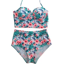 2017 Высокая Талия Bikinis Swimsuit Женщин Плюс Размер Купальники Купальники Ретро Цветочные Push Up Комплект Бикини Одежда для Пляжа