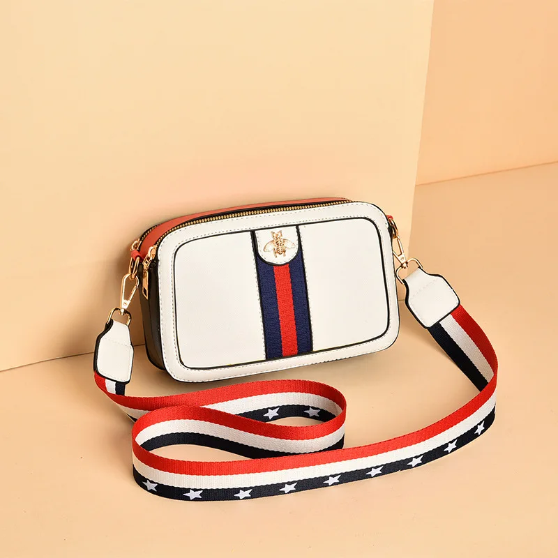 

Striped Leather Handbag Designer Brand Luxury Women Wide Shoulder Strap Mini Crossbody Bags for Women 2019 Clutch Purse Bee Sac