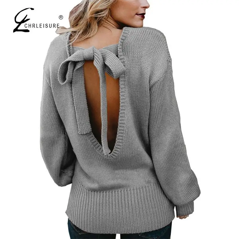 

CHRLEISURE Fashion Women Sweaters Back Bow Up Long Sleeve Tops Round Neck Solid Color Pullovers Knitted Loose Sweaters