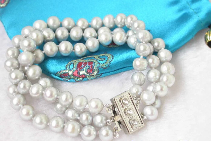 

FREE SHIPPING n725 8'' Elegant! 3strands gray pearls bracelet bangle Natural >>free shipping -Bride jewelry free shipping