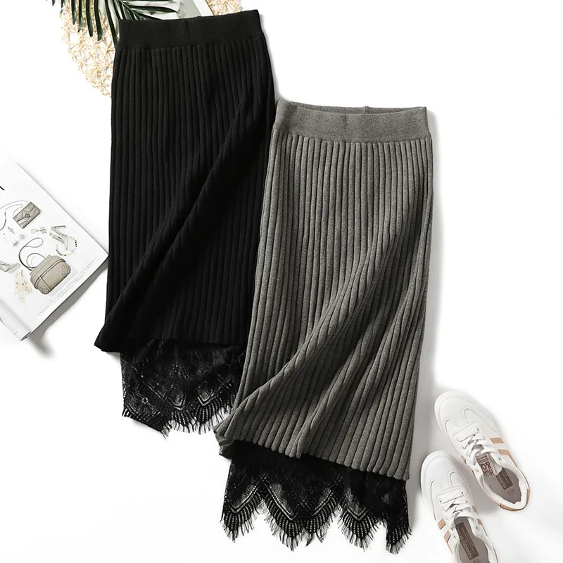 

2018 New Autumn And Winter Knitted lace High Waisted Female skirt Solid color Step skirt ZLM02