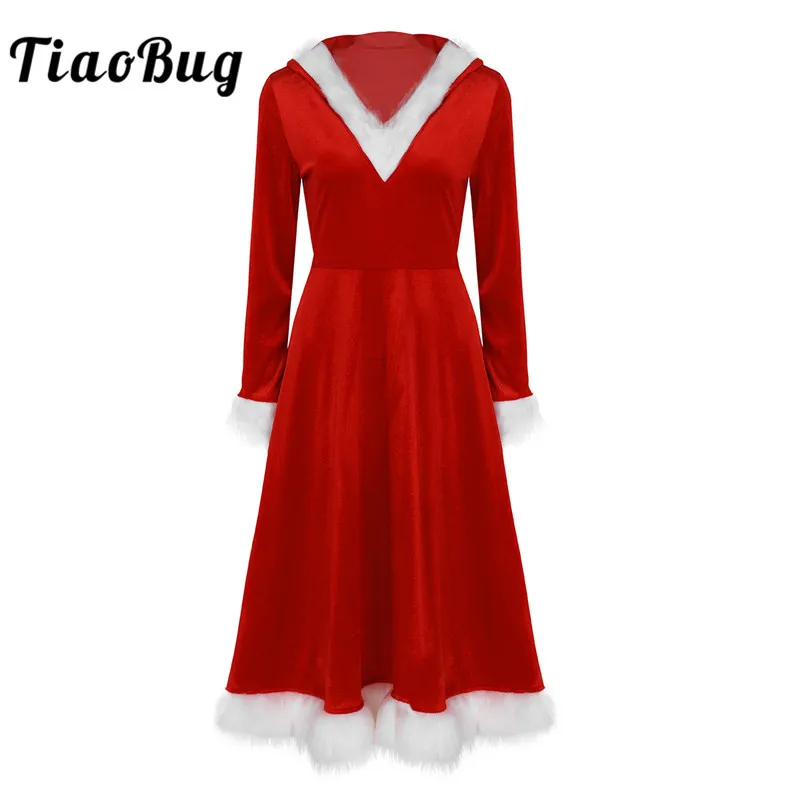 

TiaoBug Women Red Christmas Costume Female Velvet Long Sleeve Hooded Dress Xmas Holiday Santa Claus Family Cosplay Party Dress