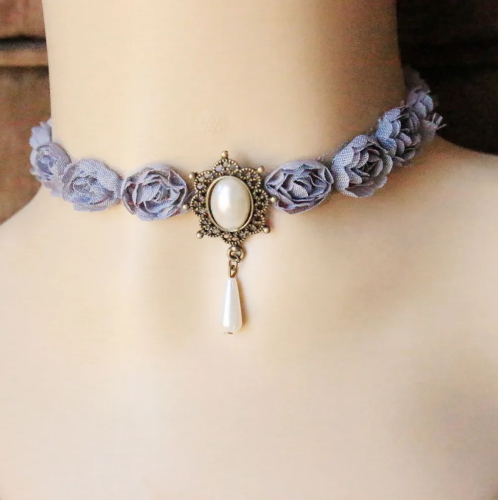 Fashion jewelry CUTE imitation pearl pendant lace rose collar choker necklace torques luxurious