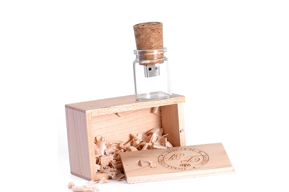 JASTER wood box + wishing bottle USB 2.0 flash drive 8GB 16GB 32GB 64GB glass memory stick drifting bottle U disk wedding gift usb flash drives