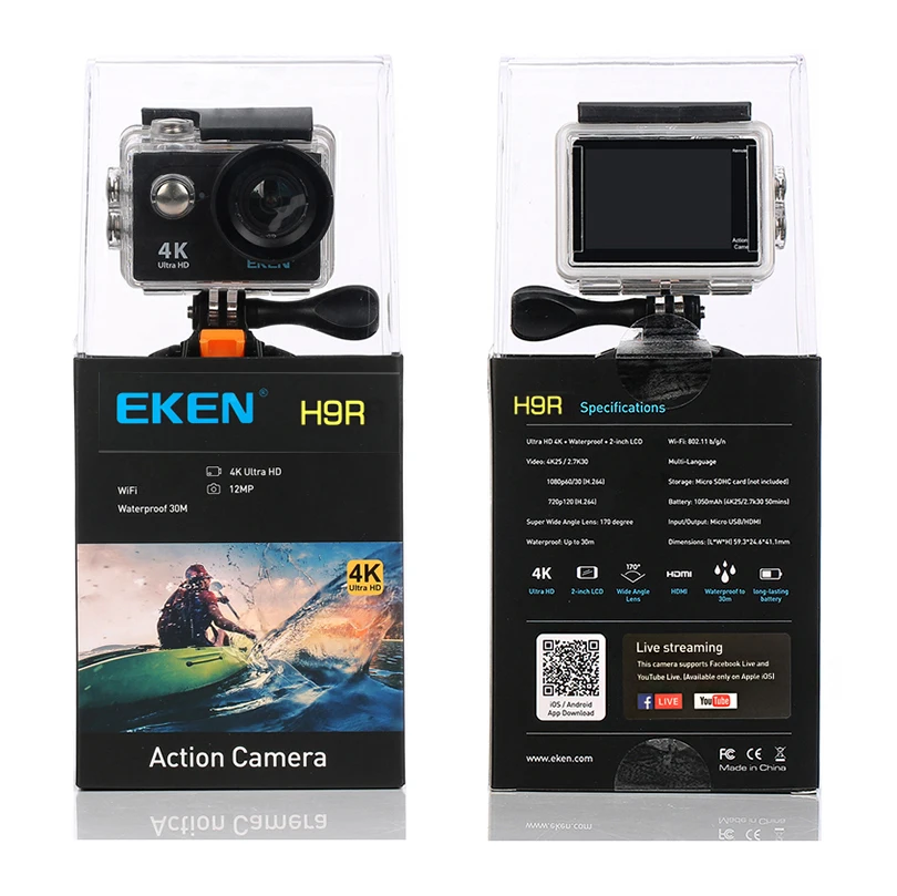 Оригинальная Экшн-камера EKEN H9/H9R, Ультра HD, 4 K/25fps, WiFi, 2,0 дюйма, 170D, водонепроницаемая камера для подводного плавания, камера на шлем, Спортивная камера