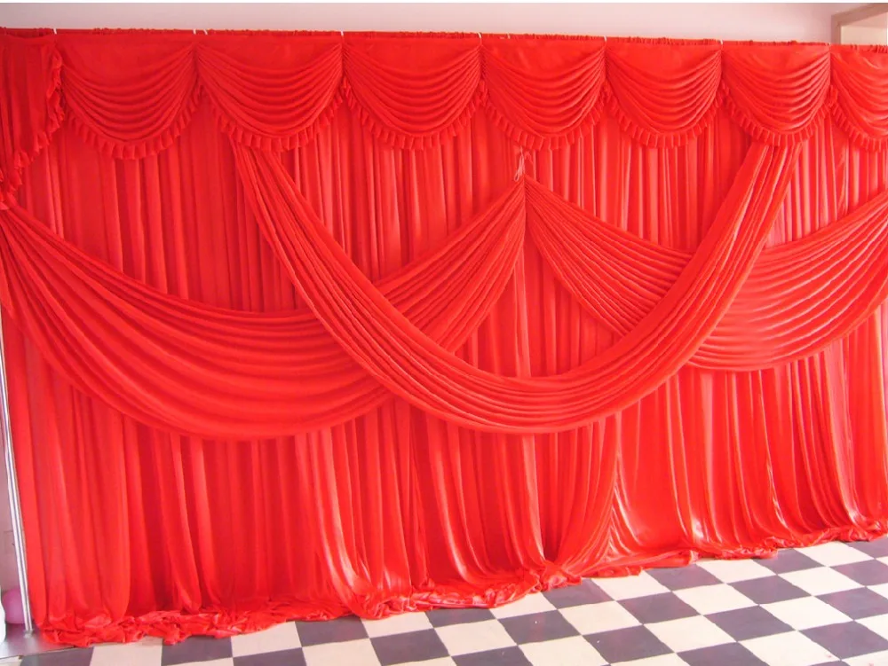 Red Ice Silk Wedding Background Curtain with Swag Party Backdrop