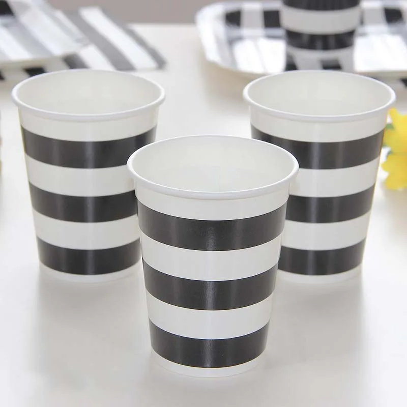 Черная полосатая одноразовая посуда, вечерние бумажные тарелки, чашки для детского душа, подарочные бумажные салфетки для дня рождения, вечерние столовые приборы - Цвет: Cup 12pcs