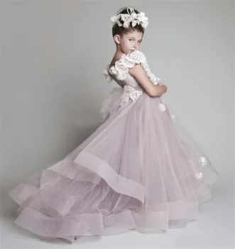

Unique Design Hand Made Flowers Decorate Tulle Floor Length Flower Girl Dresses for Wedding Party Custom Made