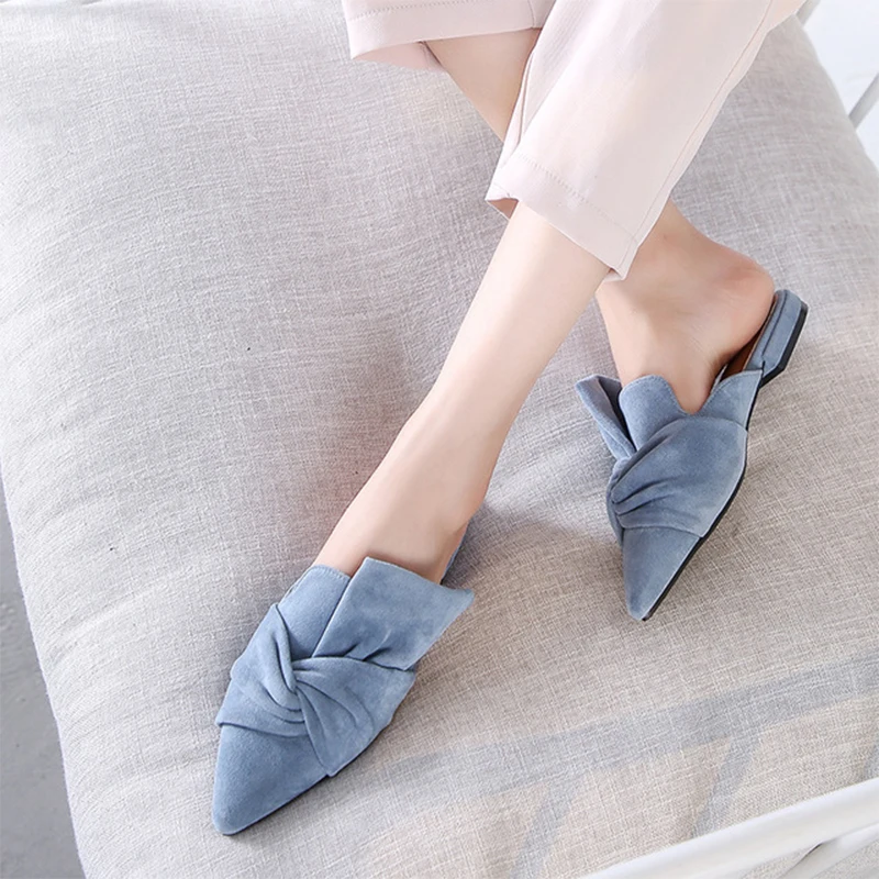 

Dropshipping Bow Tie Slippers Women Mules Pointed Toe Flat Shoes for Women Fashion Slip on Shoes Women 41 Size VIP SXJJ574