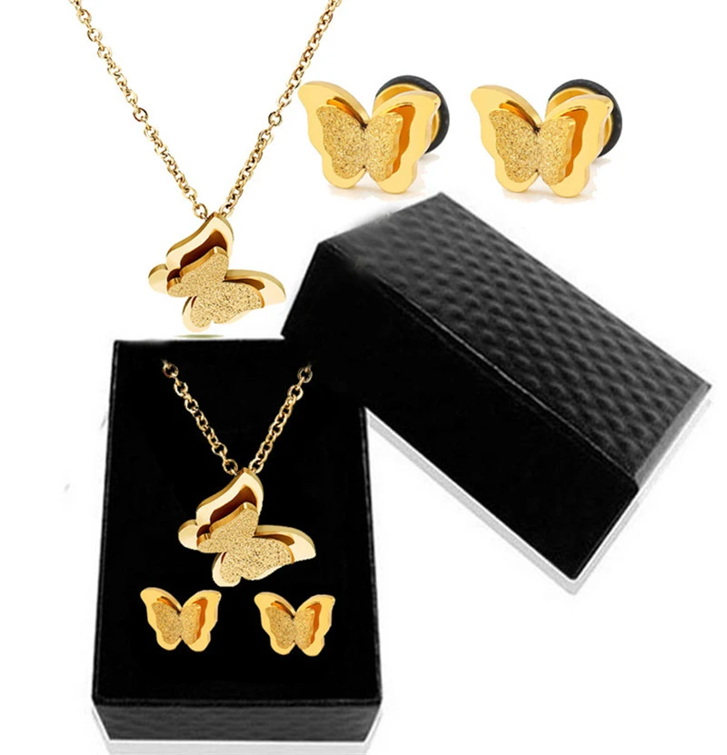 Download Romantic Butterfly Necklace Earring Jewelry Sets Double Layer Butterfly Stainless Steel Frosted Jewelry Set Gift Box Pendant Necklaces Aliexpress