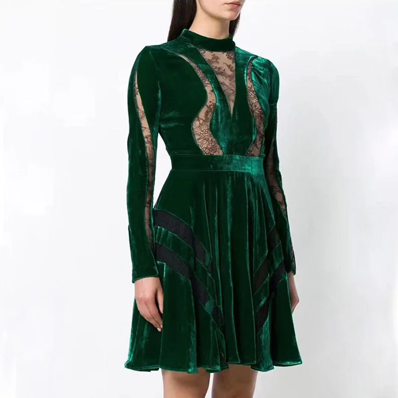 

2019 Spring New Vertical Collar Long Sleeve Lace Stitching Umbrella Pendulum Velvet Foreign Gas Skinny Women Dress Stand A-Line
