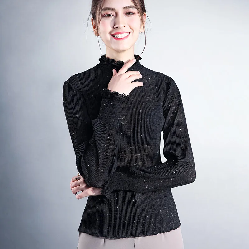 

2019 Blouse Women New Plus Size Women's Tops Pleated Half-high Collar Black Knit Bottoming Shirt Blusas Mujer De Moda