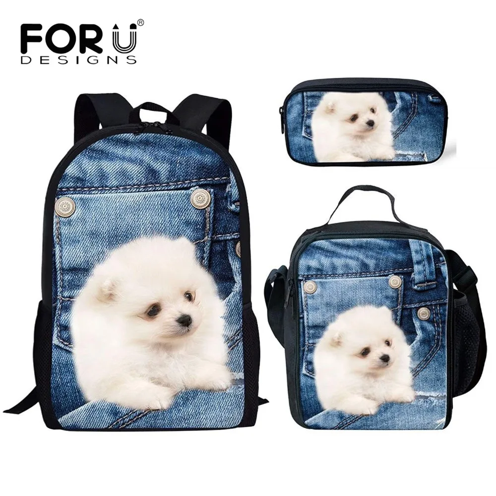 

FORUDESIGNS Satchel Schoolbag for Girls Teenagers Denim Dog Printing School Backpack Orthopedical Book 3pcs/set Mochila Escolar