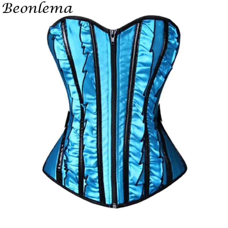 BEONLEMA Blue Satin Corset Tight Lacing Up Shiny robe Bustiers Sexy