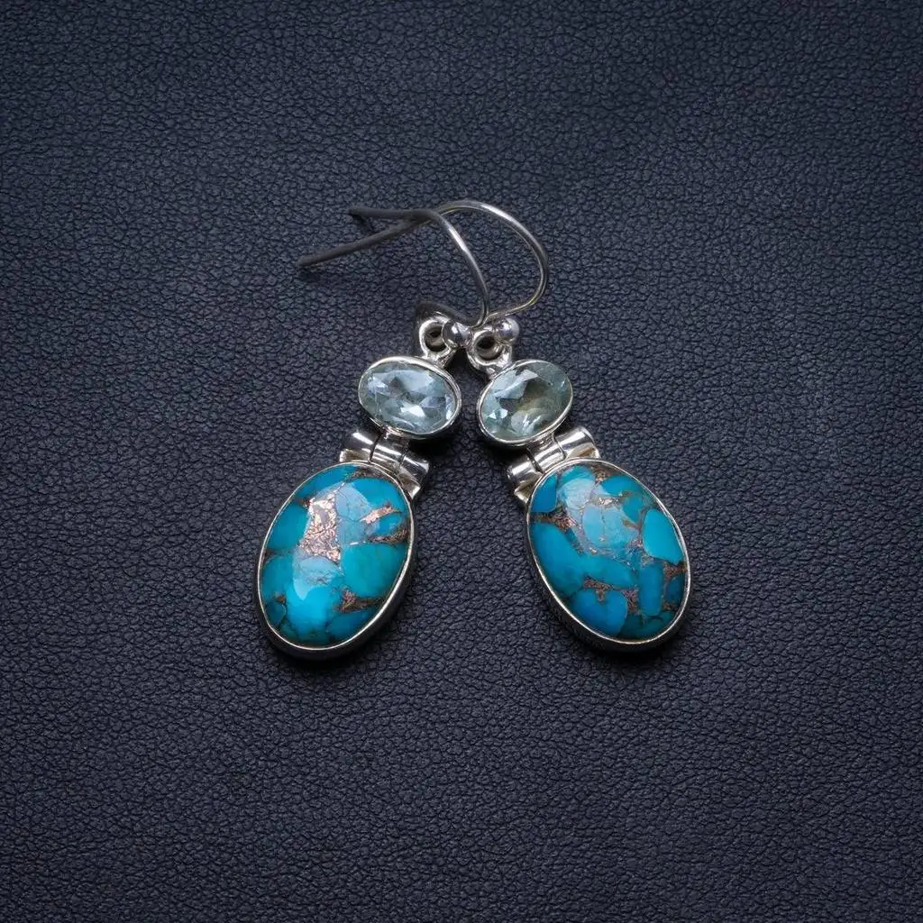 

Natural Turquoise and Blue Topaz Handmade Unique 925 Sterling Silver Earrings 1.5" X3845