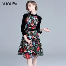 Duoupa 2019 New spring Womans Embroidery Dress Velvet Sleeve Patched Elegant OL Party Dress Autumn Dresses Women Floral Embroide Duoupa 2019 New spring Womans Embroidery Dress Velvet Sleeve Patched Elegant OL Party Dress Autumn Dresses Women Floral Embroide