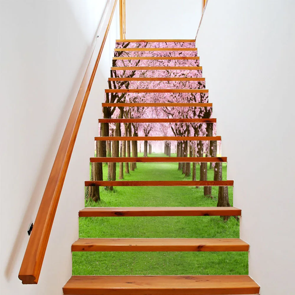 

13 Pcs/Set Creative 3D DIY Stairway Stickers Cherry Tree Beauty Street Stairway Wall Sticker Steps Decoration Floor Wallpaper