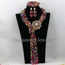 Сказочный Многоцветный Кристалл Бусины нигерийские Свадебные Длинные Цепочки и ожерелья Браслет Серьги Африканский Бусины комплект ювелирных изделий wa454