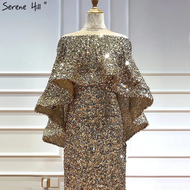 Роскошные вечерние платья золотистого цвета без рукавов из пряжи и шали,, Дубай, Русалка, с блестками, блестящие вечерние платья Serene hilm LA60919