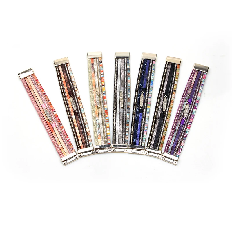 

Fashion multi-layer multicolor bohemian style magnetic buckle ladies leather braided wax rope rhinestone woman bracelet
