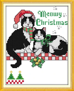 

Joy sunday cartoon style Christmas cat stamped mini cross stitch patterns needlepoint kits for kids