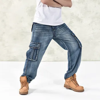 

Mens Hip Hop Casual Harem Jeans Pants Men Loose Drop Crotch Hiphop Patchwork Pockets Trousers Plus Size 30-46 For Big And Tall