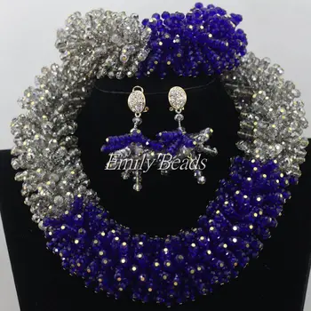 

2015 Chunky African Beads Jewelry Sets Grey/Royal Blue Nigerian Wedding Crystal Beaded Jewelry Set Free Shipping AMJ967
